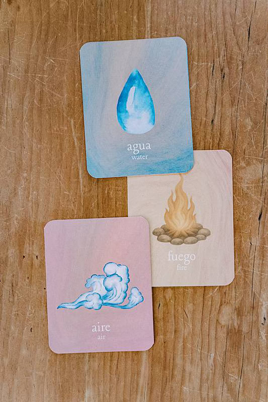 Images of cards with water, fire, and air illustrations.