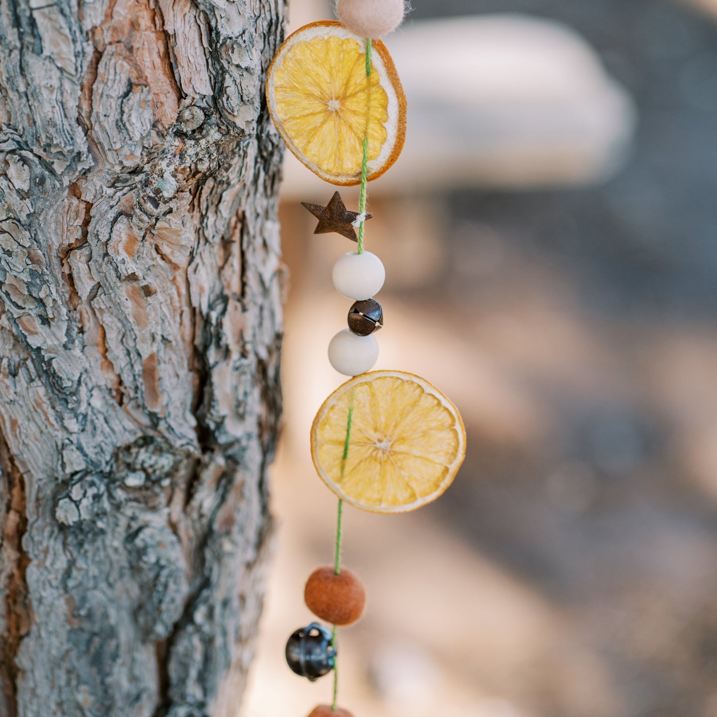 Decorative garland with lemon slices and beads hanging on a tree
