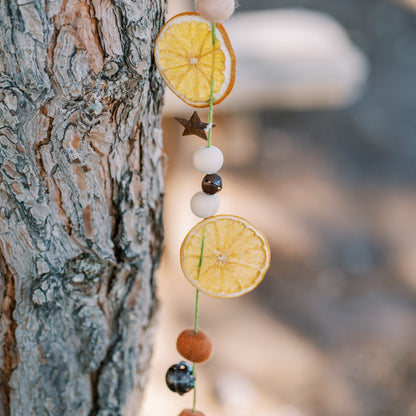 Decorative garland with lemon slices and beads hanging on a tree