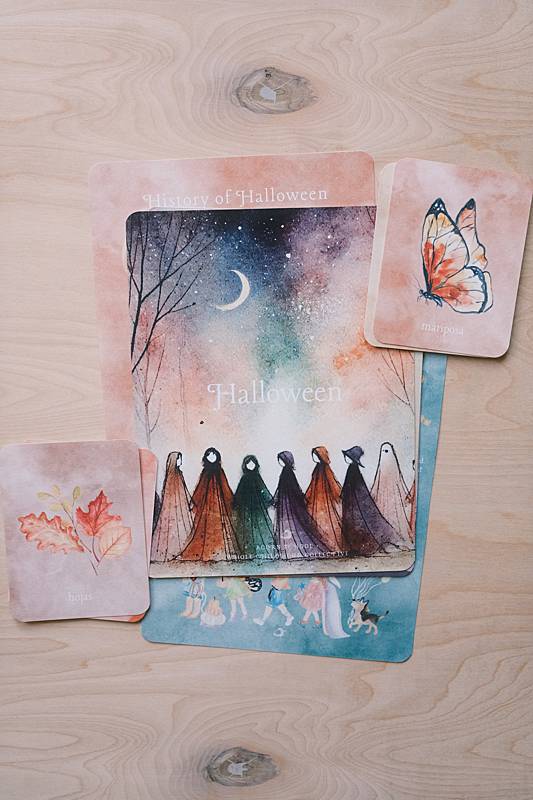 The cover page and bilingual vocabulary cards from Acorn School's Halloween Curriculum.