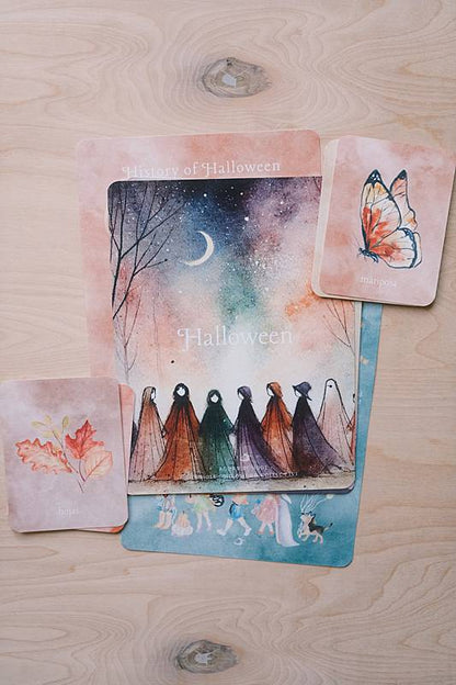 The cover page and bilingual vocabulary cards from Acorn School's Halloween Curriculum.