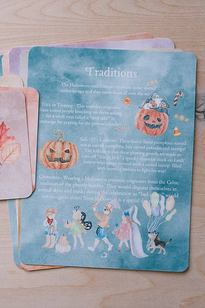 The bilingual vocabulary cards and an educational page from Acorn School's Halloween Curriculum.