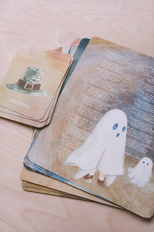 The bilingual vocabulary cards and a story page from Acorn School's Ghosts Curriculum.