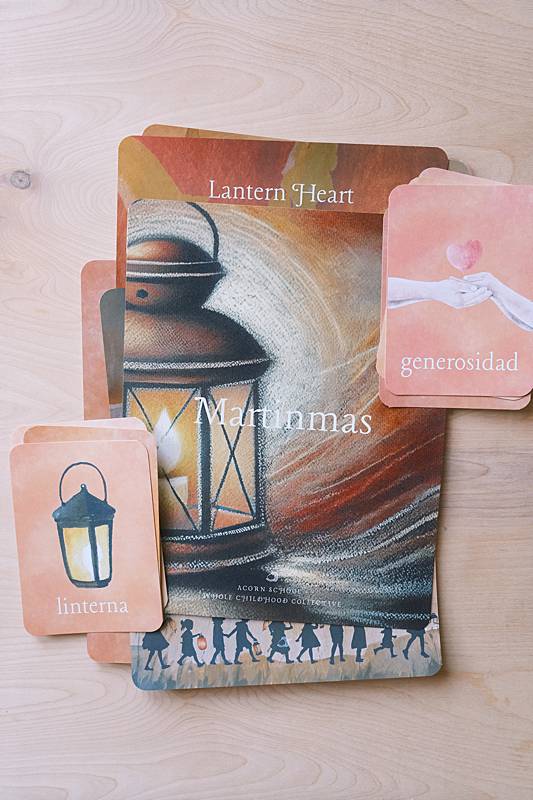 The cover page and bilingual vocabulary cards from Acorn School's Martinmas Curriculum.