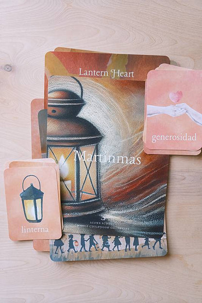 The cover page and bilingual vocabulary cards from Acorn School's Martinmas Curriculum.