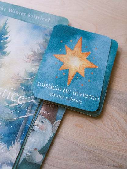 Bilingual vocabulary cards from Acorn School's winter solstice curriculum.