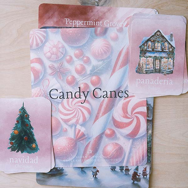 Acorn School's candy canes curriculum cover page and cards laid out.