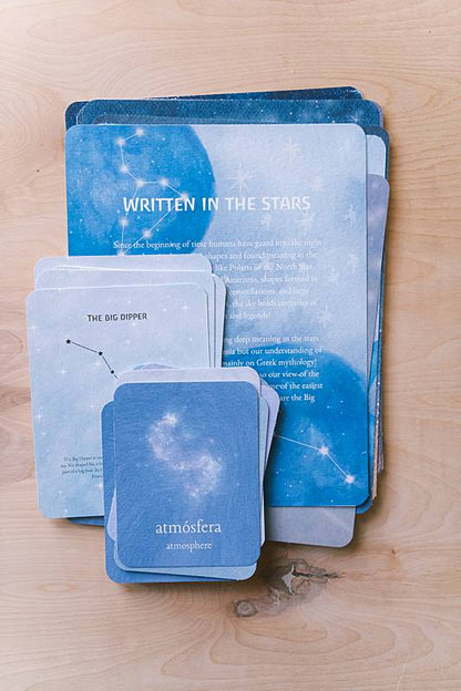 The bilingual vocabulary cards, constellation cards, and an educational page from Acorn School's Constellations Curriculum.