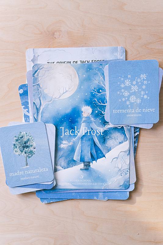 The cover page and bilingual vocabulary cards from Acorn School's Jack Frost Curriculum.