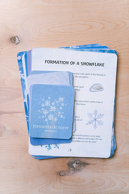 The bilingual vocabulary cards and an educational snowflake page from Acorn School's Jack Frost Curriculum.