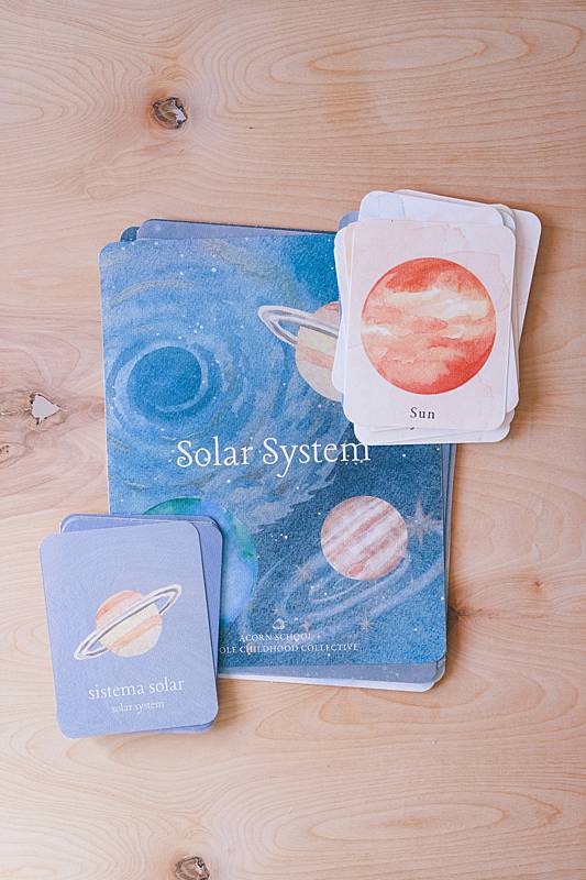 Images of cards laid on a table with planets on them