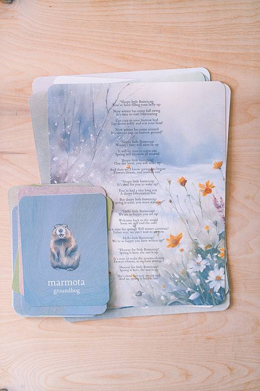 Stack of cards with a poem written about a groundhog.