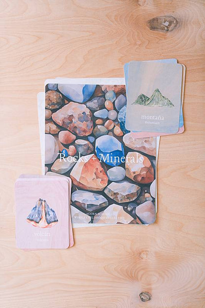 Image of Rocks and Minerals curriculum cover and Spanish english vocabulary cards.