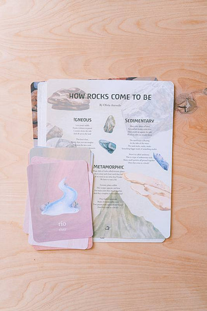 Image of Rocks and Minerals educational page and Spanish english vocabulary cards.