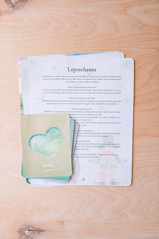 Image of Spanish / english St Patrick's Day unit vocabulary cards and a page about Leprechauns.