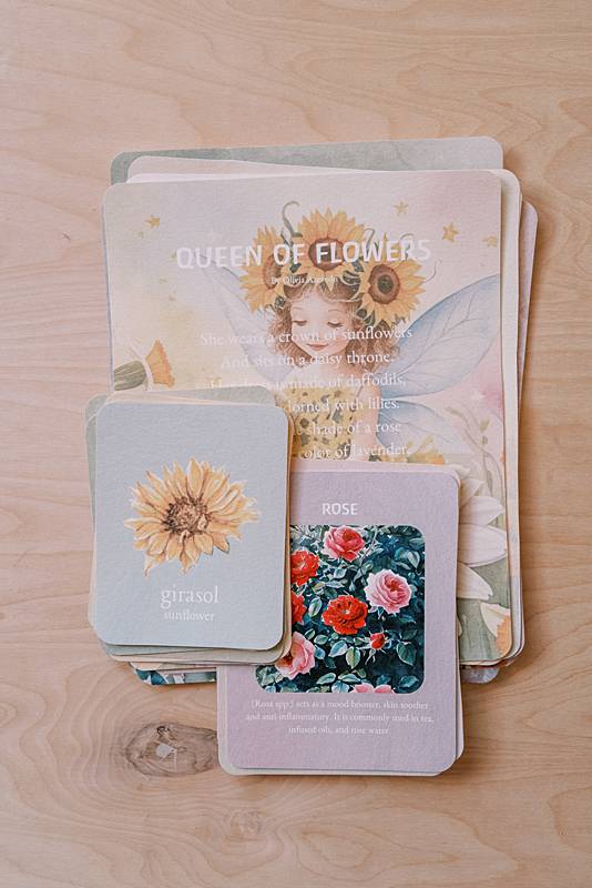Inside page of acorn school flowers curriculum with flower cards and Spanish English vocab cards