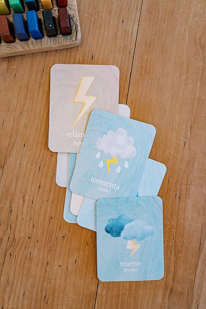 Stack of cards with lightning and clouds