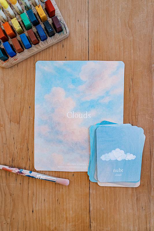 Cards on table with clouds on them