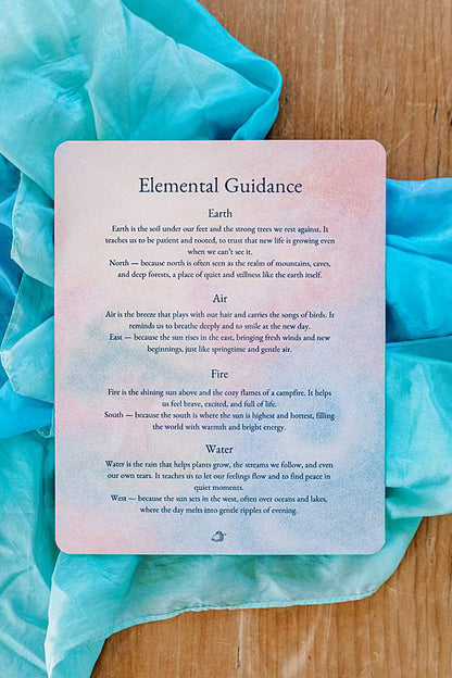 Photo of a card on a blue silk sitting on a wooden table.