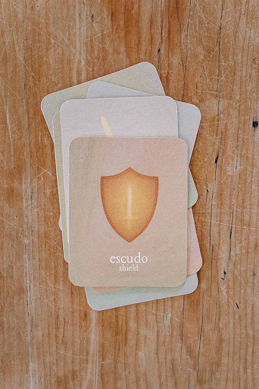 Small stack of cards with a picture of a shield.