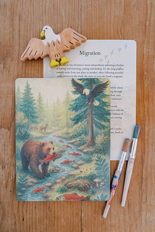 Cards with bear illustration and pens on a table