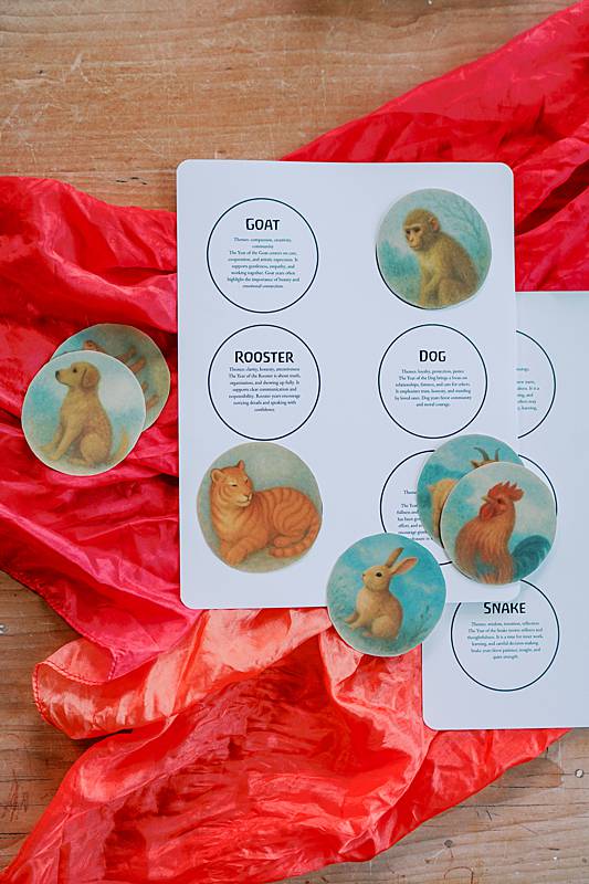 Rectangular and circular cards on fabric