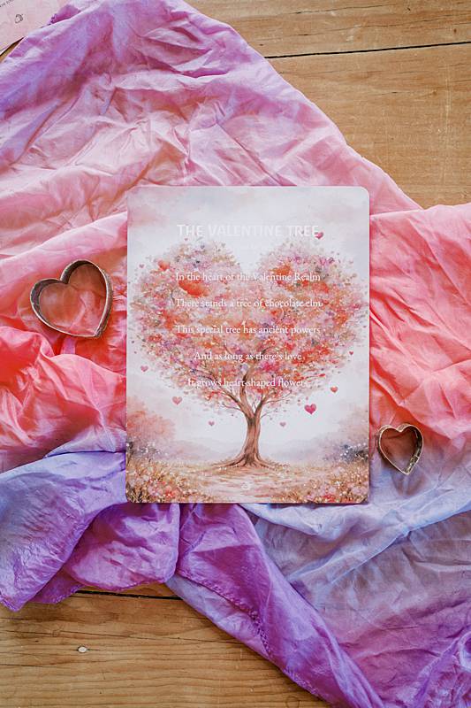 Large card with a tree illustration on a red fabric