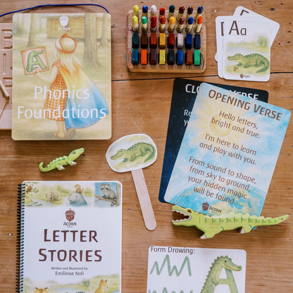 Educational materials for learning phonics and letter recognition on a wooden surface