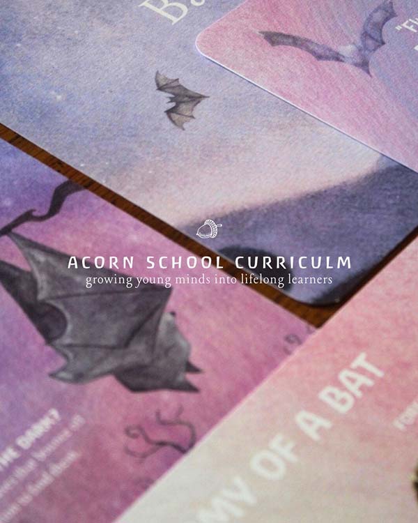 Acorn School curriculum pages laid out on a table.