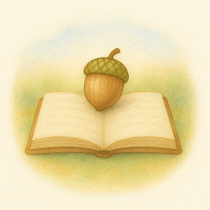 Illustration of a book with an laying acorn on it.