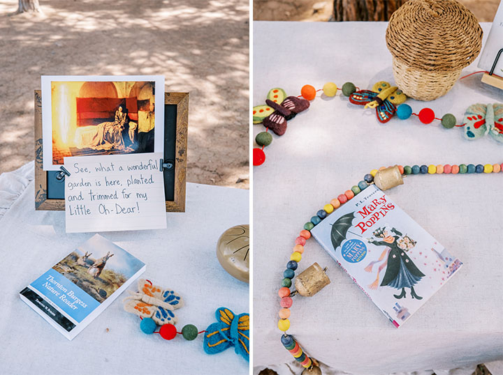 A table with books and pictures on it