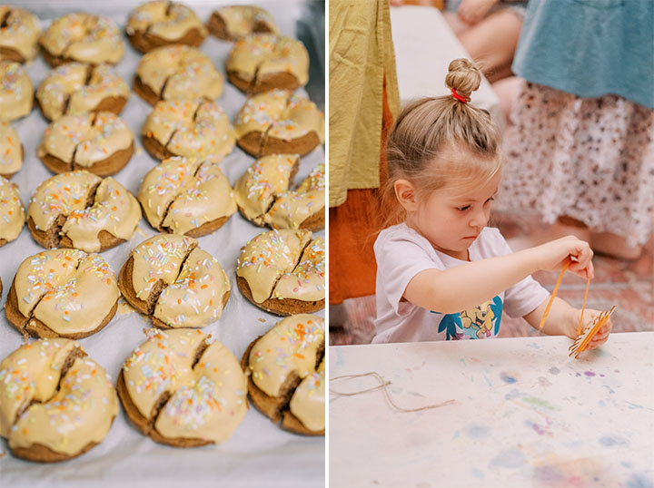 An image of fresh donuts and a children making a craft at a table. 