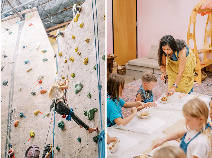 A child rock climbing and a teacher helping children mix baking ingredients.