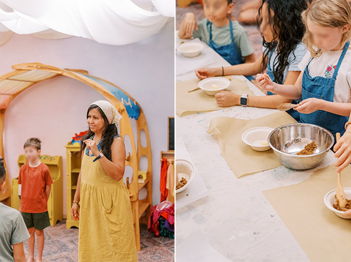 A teacher talking to children and kids mixing baking ingredients at a table. 