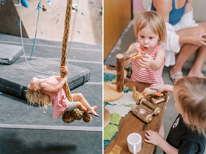 A child swinging on a rode and toddlers playing with toys on a table. 